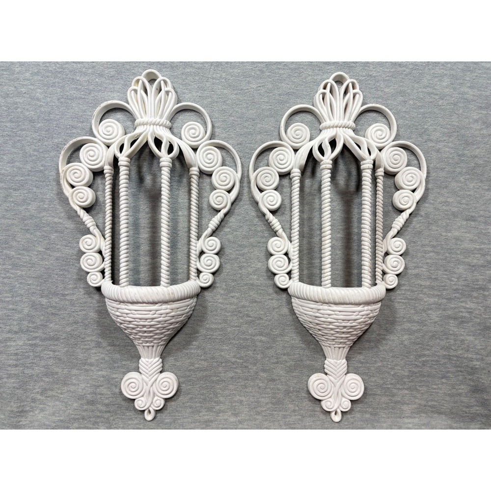Vintage White Syroco Style Wall‎ Pocket Planter Pair Hollywood Regency Scroll